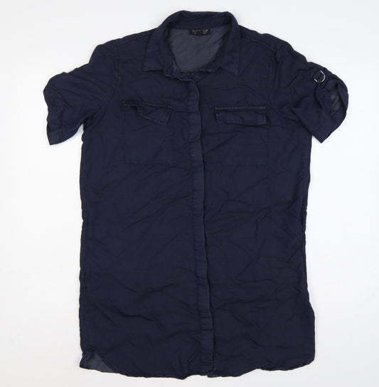 Topshop Women Blue UK 8 Collared Button-Up Short Sleeve Blouse