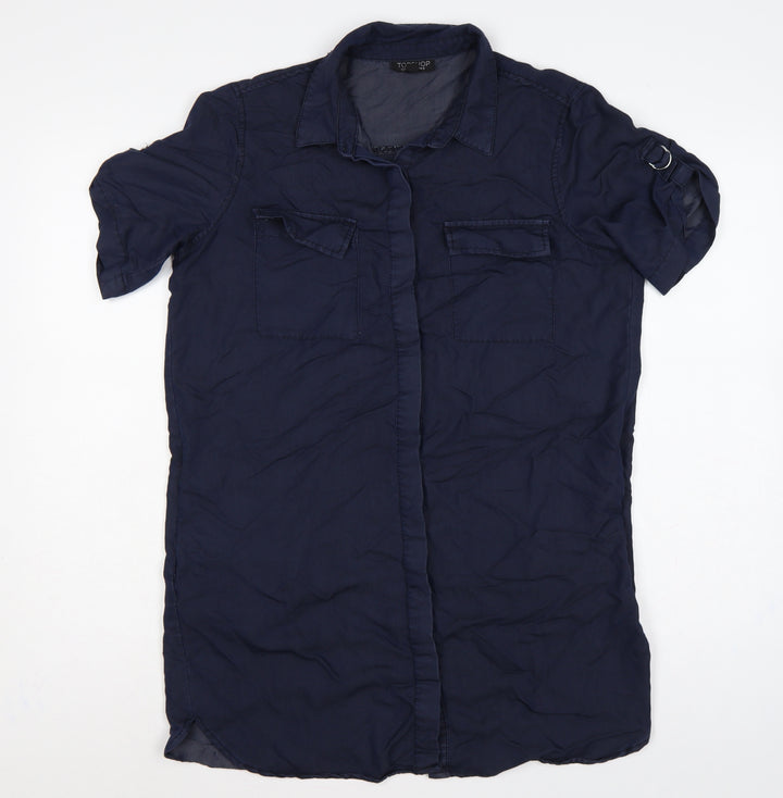 Topshop Women Blue UK 8 Collared Button-Up Short Sleeve Blouse