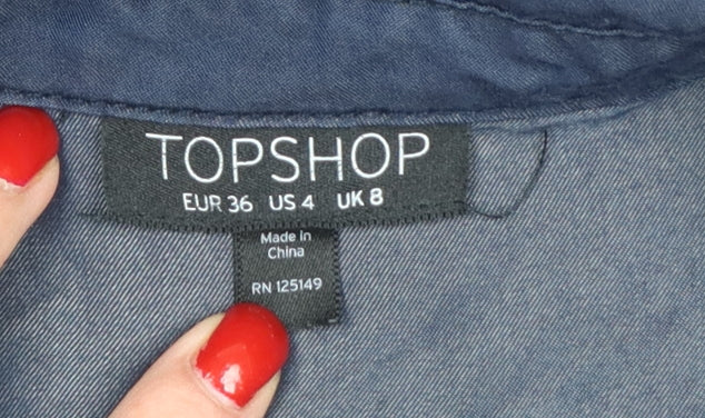 Topshop Women Blue UK 8 Collared Button-Up Short Sleeve Blouse