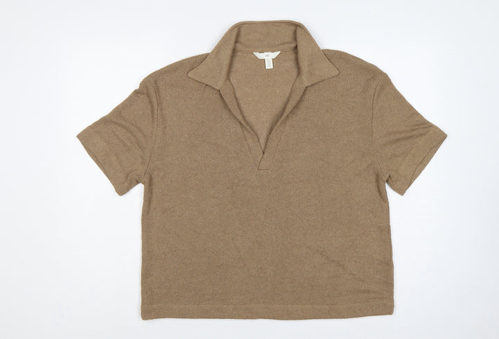 H&M Womens Brown Collared Short Sleeve Knit Pullover Jumper UK 12