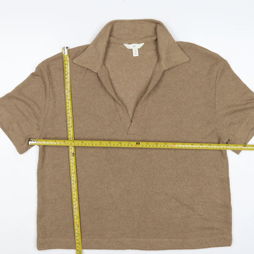 H&M Womens Brown Collared Short Sleeve Knit Pullover Jumper UK 12
