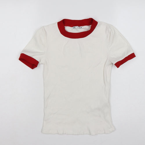 Zara Women White Red Ringer Ribbed Short Sleeve T-Shirt Size S