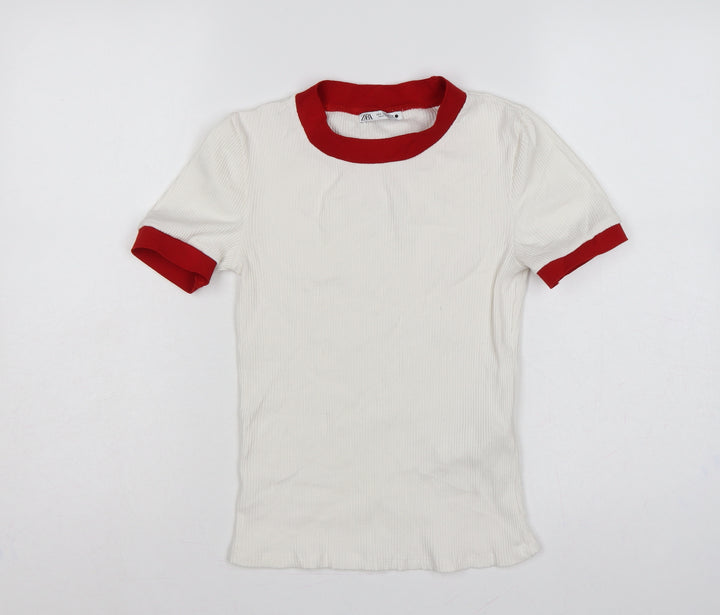 Zara Women White Red Ringer Ribbed Short Sleeve T-Shirt Size S