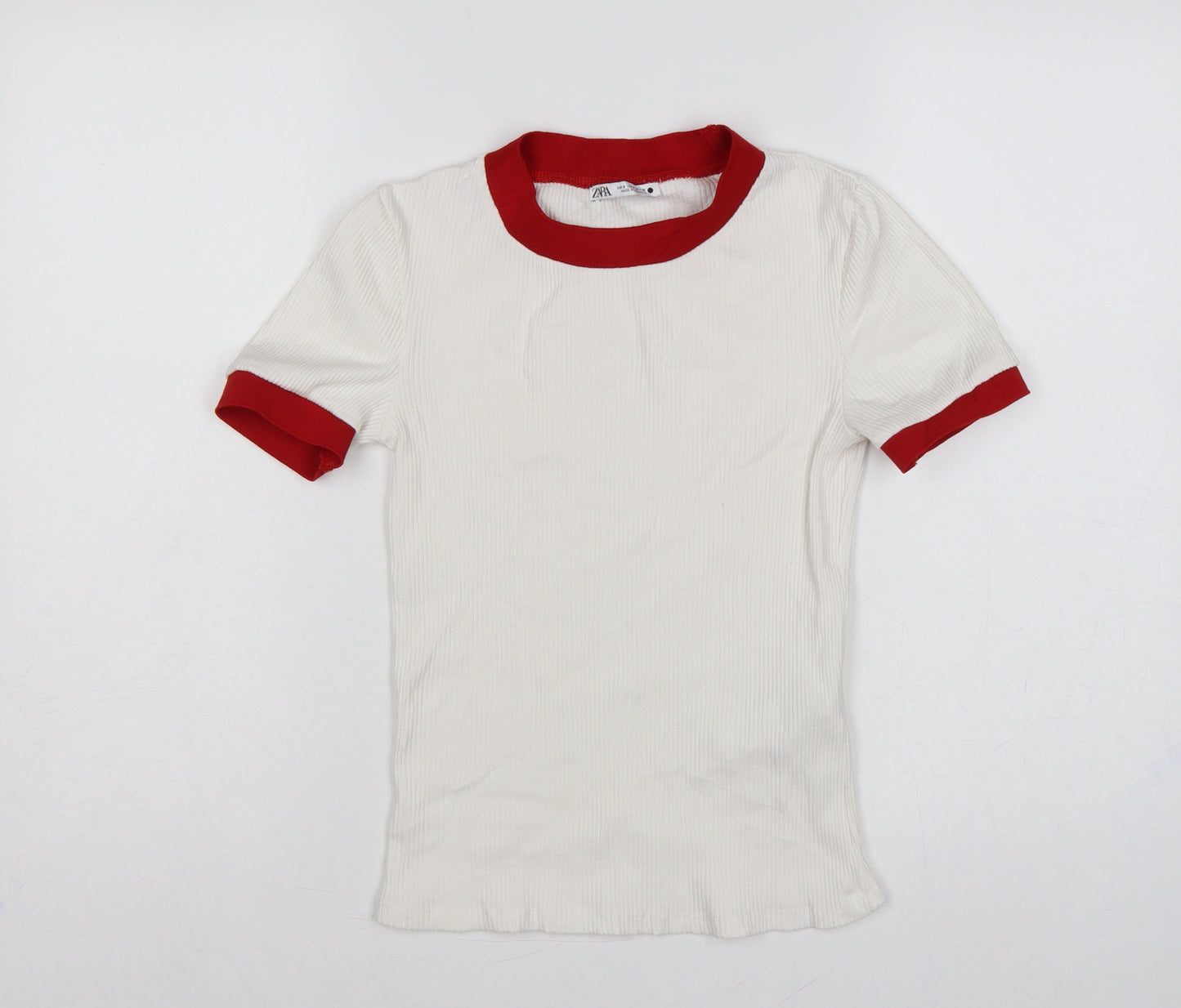 Zara Women White Red Ringer Ribbed Short Sleeve T-Shirt Size S