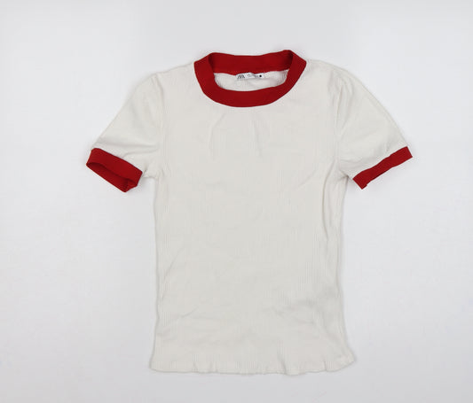 Zara Women White Red Ringer Ribbed Short Sleeve T-Shirt Size S