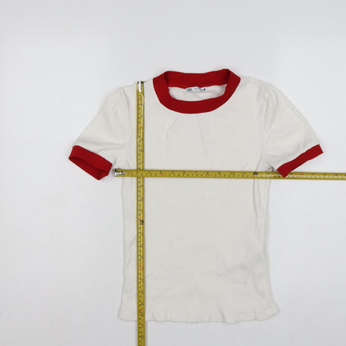 Zara Women White Red Ringer Ribbed Short Sleeve T-Shirt Size S