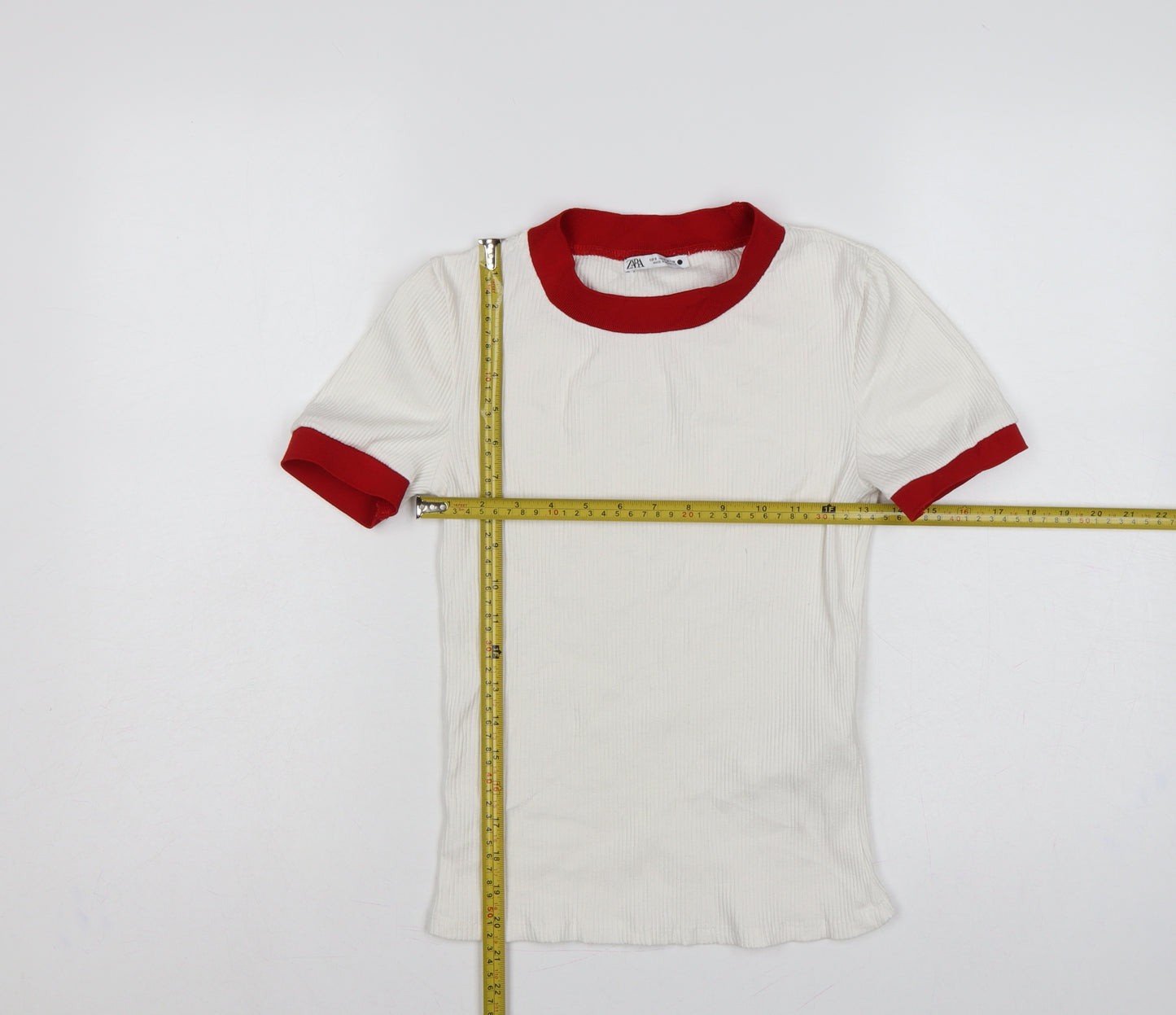 Zara Women White Red Ringer Ribbed Short Sleeve T-Shirt Size S
