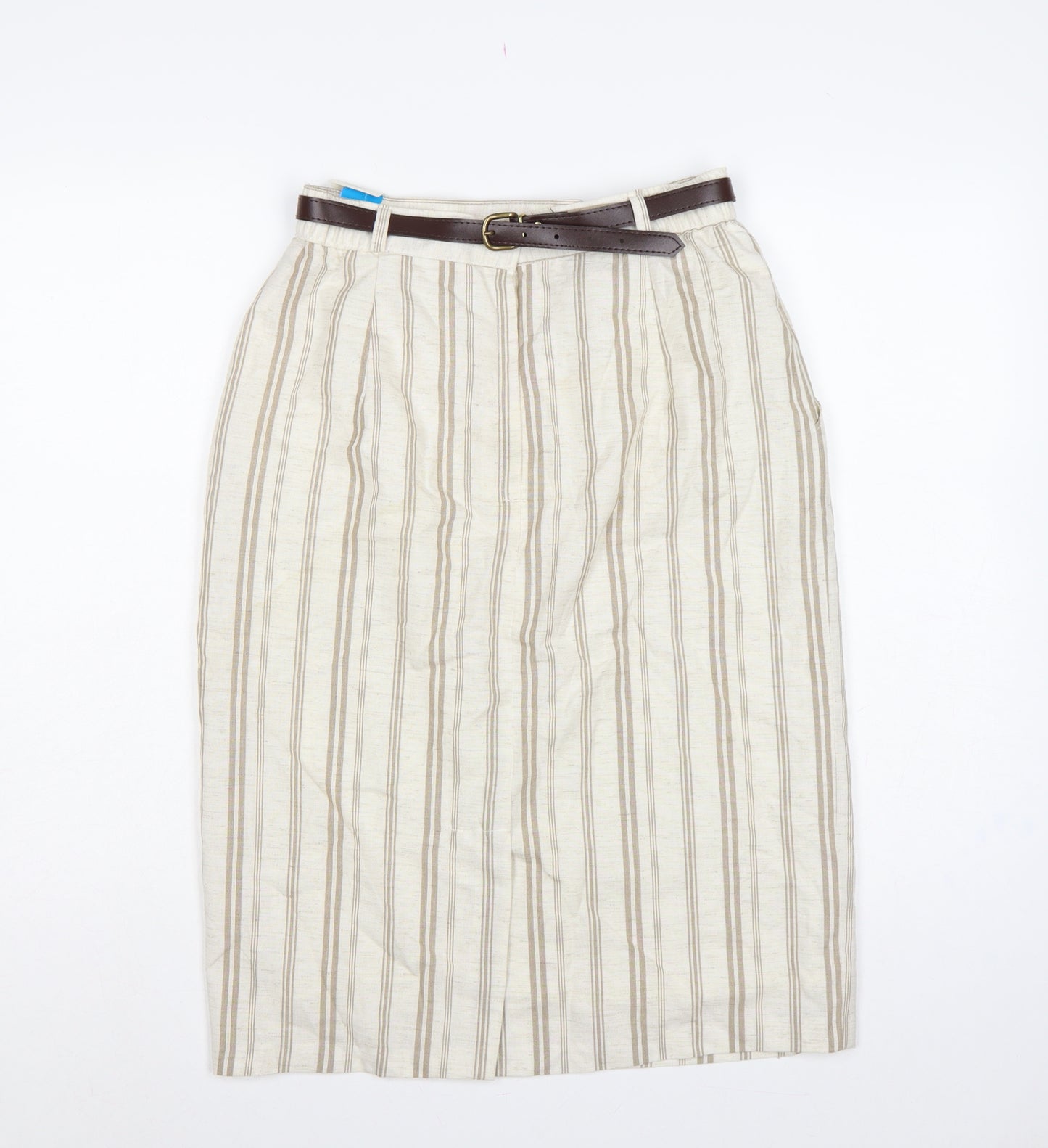 The Inside Story Women Beige Stripe UK 14 Pencil Knee Skirt Belt