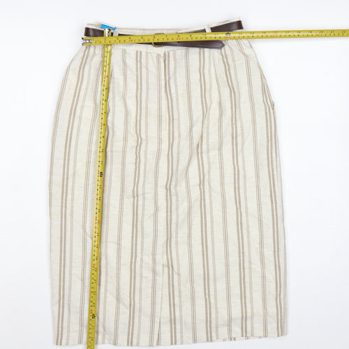 The Inside Story Women Beige Stripe UK 14 Pencil Knee Skirt Belt