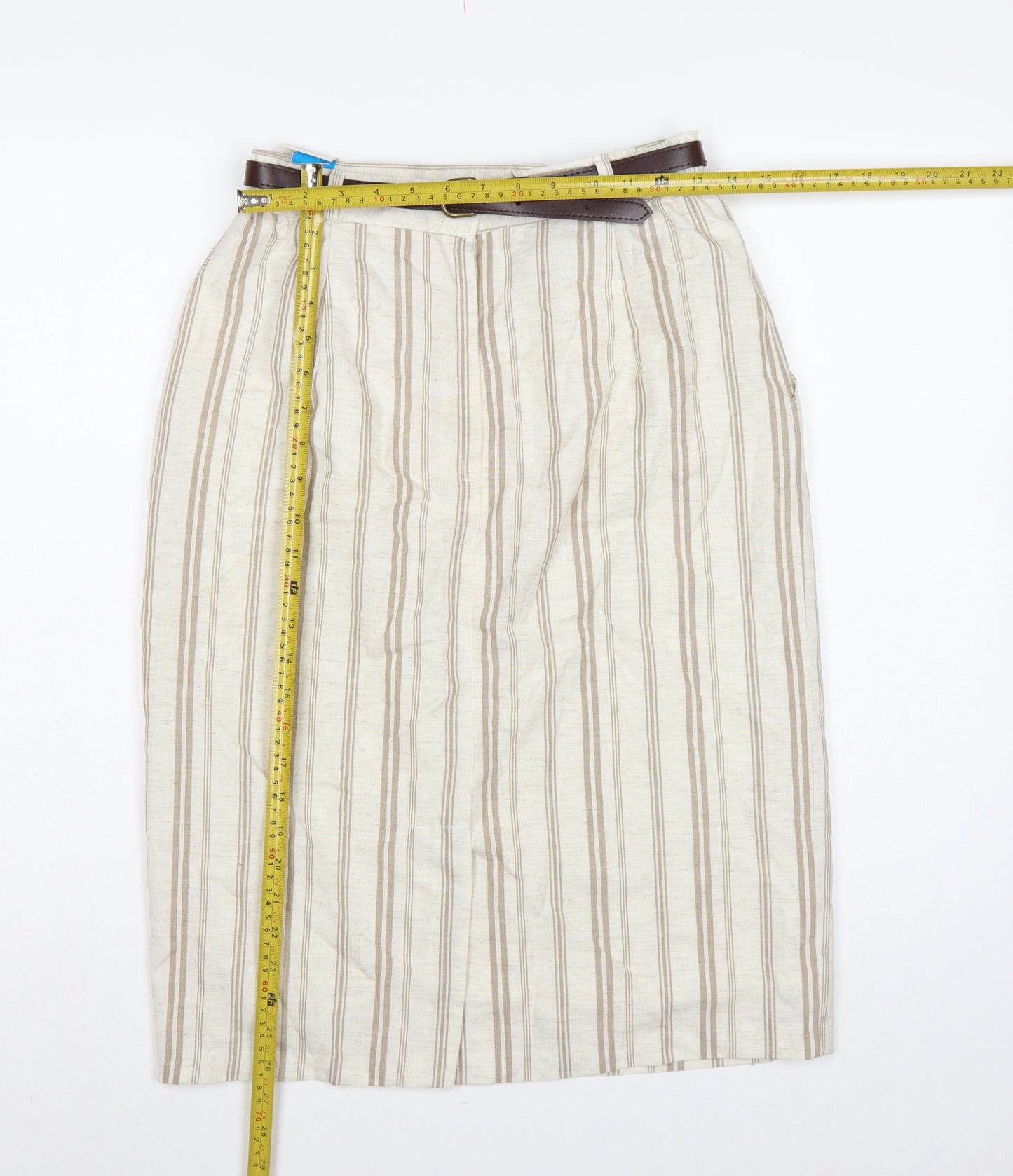 The Inside Story Women Beige Stripe UK 14 Pencil Knee Skirt Belt