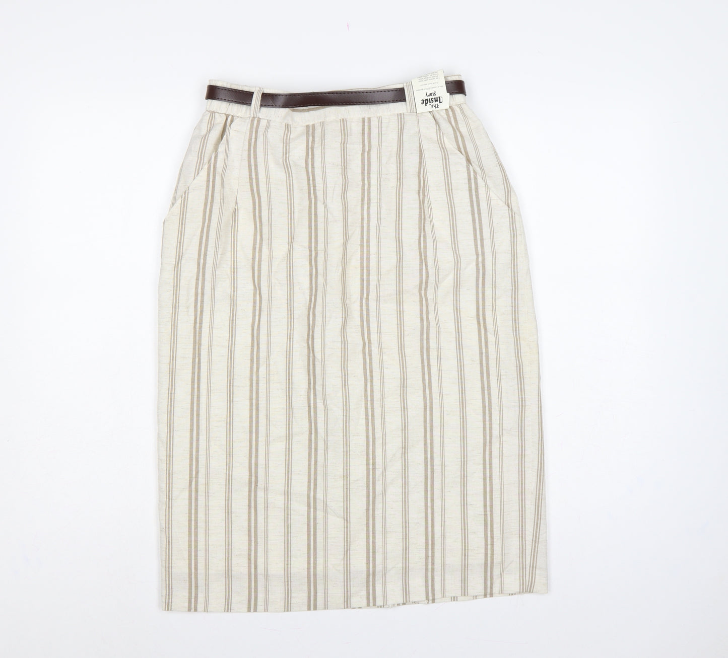 The Inside Story Women Beige Stripe UK 14 Pencil Knee Skirt Belt