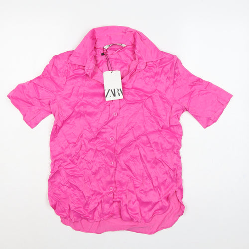 Zara Women Pink XS Viscose Short Sleeve Collared Button-Up Shirt