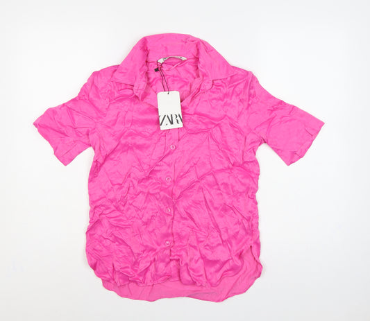 Zara Women Pink XS Viscose Short Sleeve Collared Button-Up Shirt