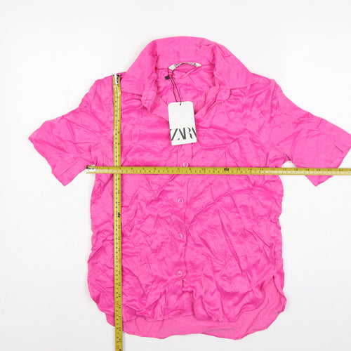 Zara Women Pink XS Viscose Short Sleeve Collared Button-Up Shirt