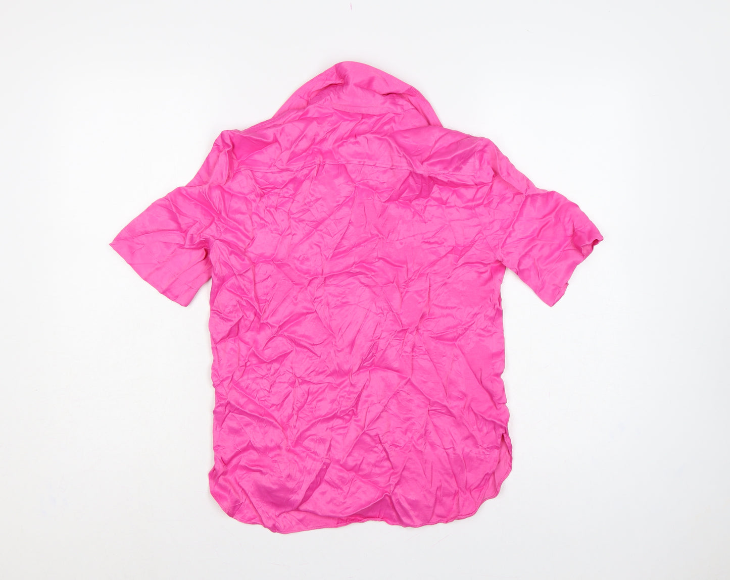 Zara Women Pink XS Viscose Short Sleeve Collared Button-Up Shirt
