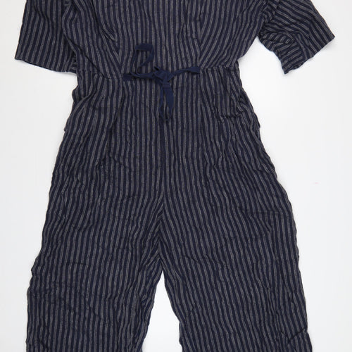 Kin Women’s Blue Striped Size 14 Wide-Leg V-Neck Jumpsuit