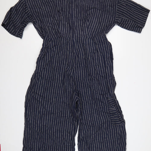 Kin Women’s Blue Striped Size 14 Wide-Leg V-Neck Jumpsuit