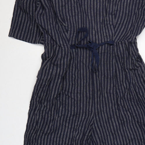 Kin Women’s Blue Striped Size 14 Wide-Leg V-Neck Jumpsuit