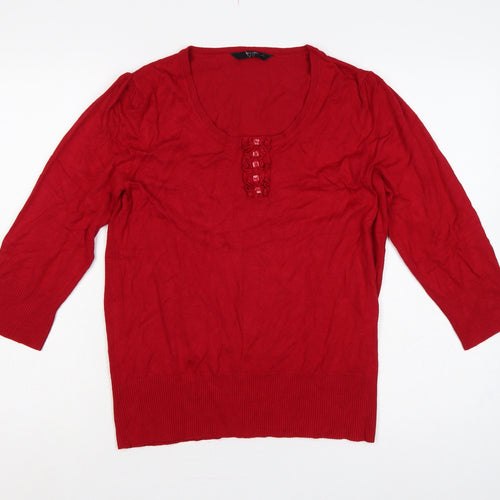 BHS Women Red UK 14 Henley Scoop Neck Button Knit Jumper