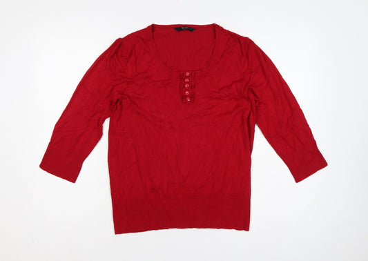 BHS Women Red UK 14 Henley Scoop Neck Button Knit Jumper