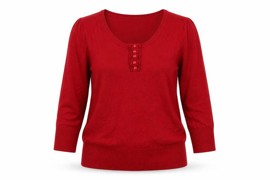 Front view of BHS Women Red UK 14 Henley Scoop Neck Button Knit Jumper