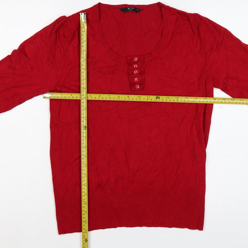 BHS Women Red UK 14 Henley Scoop Neck Button Knit Jumper