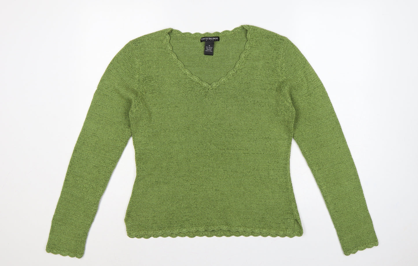 Babette Ballinger Women Green M V-Neck Raglan Knit Pullover Jumper