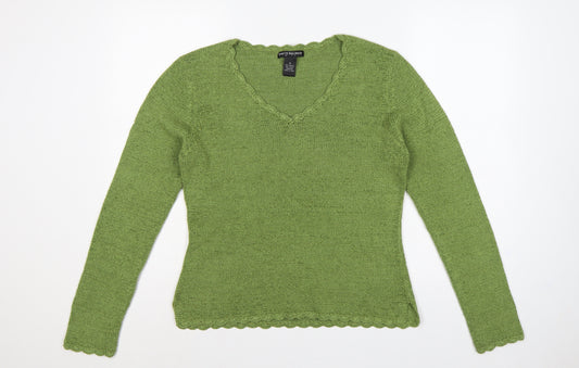 Babette Ballinger Women Green M V-Neck Raglan Knit Pullover Jumper