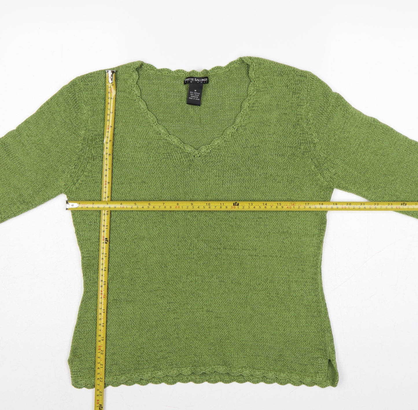 Babette Ballinger Women Green M V-Neck Raglan Knit Pullover Jumper