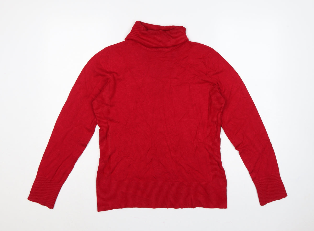 Back view of M&Co. Women Red M Roll Neck Knit jumper Button Cuffs