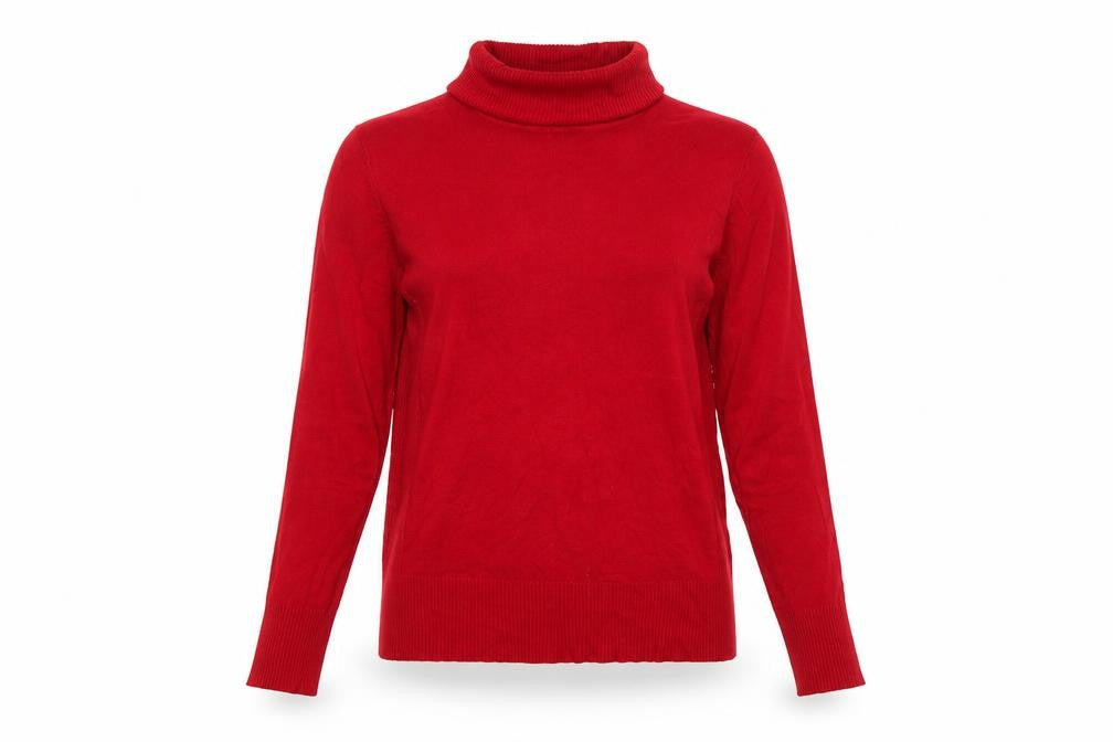 Front view of M&Co. Women Red M Roll Neck Knit jumper Button Cuffs