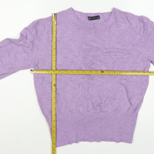 Marks and Spencer Women Purple L Puff Sleeve Crew Neck Jumper