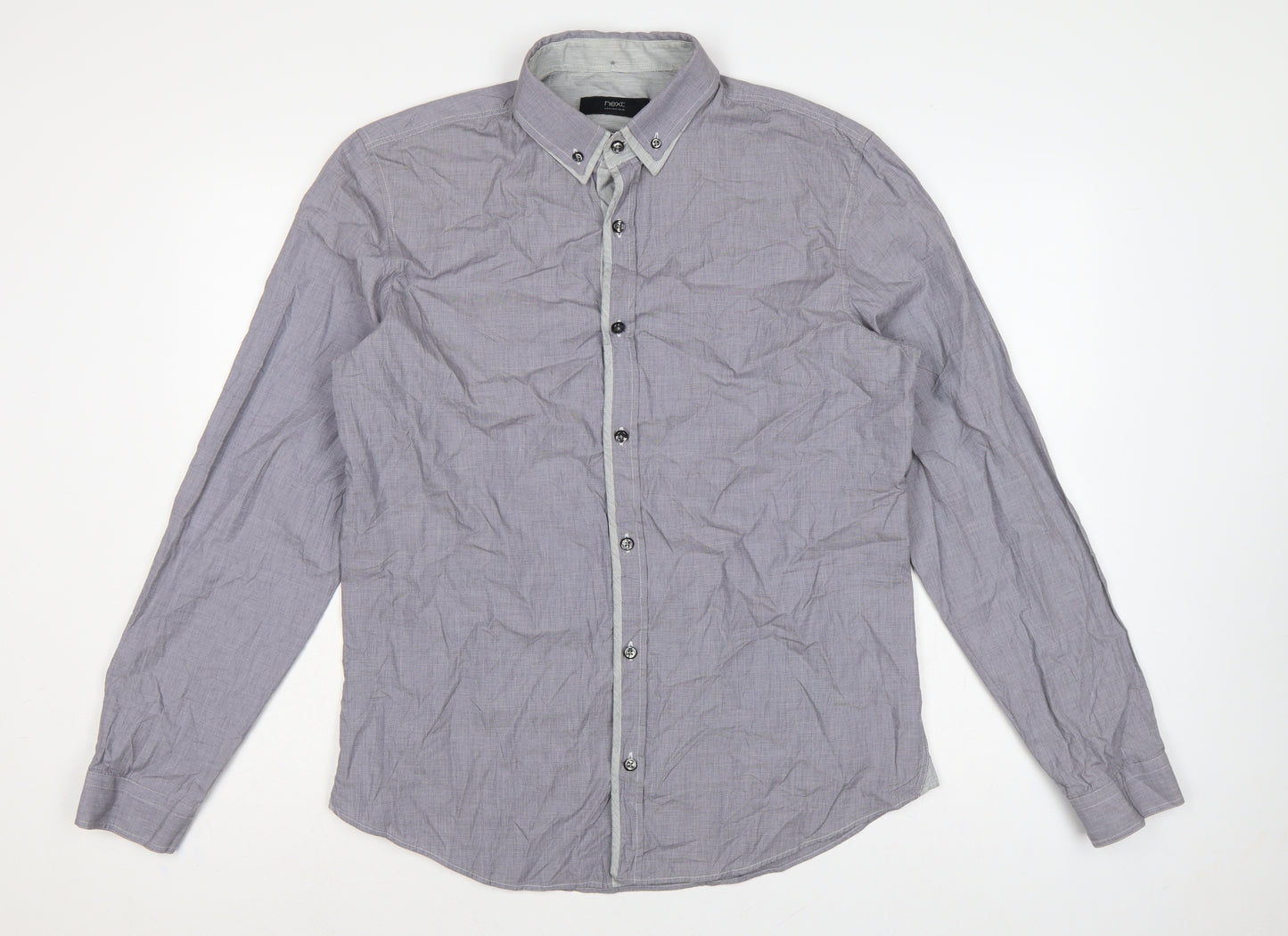 Next Men's Grey L Cotton Button-Down Long Sleeve Casual Shirt