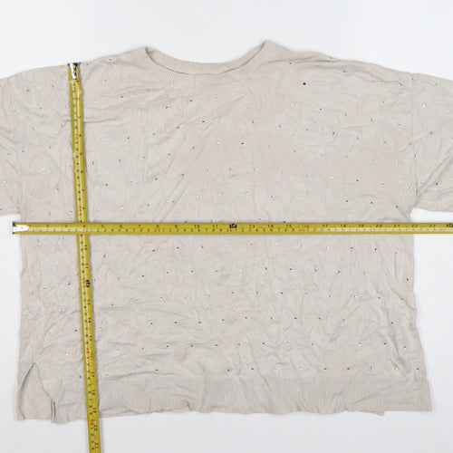 River Island Women Beige Size 14 Rhinestone Cap Sleeve Knit Jumper