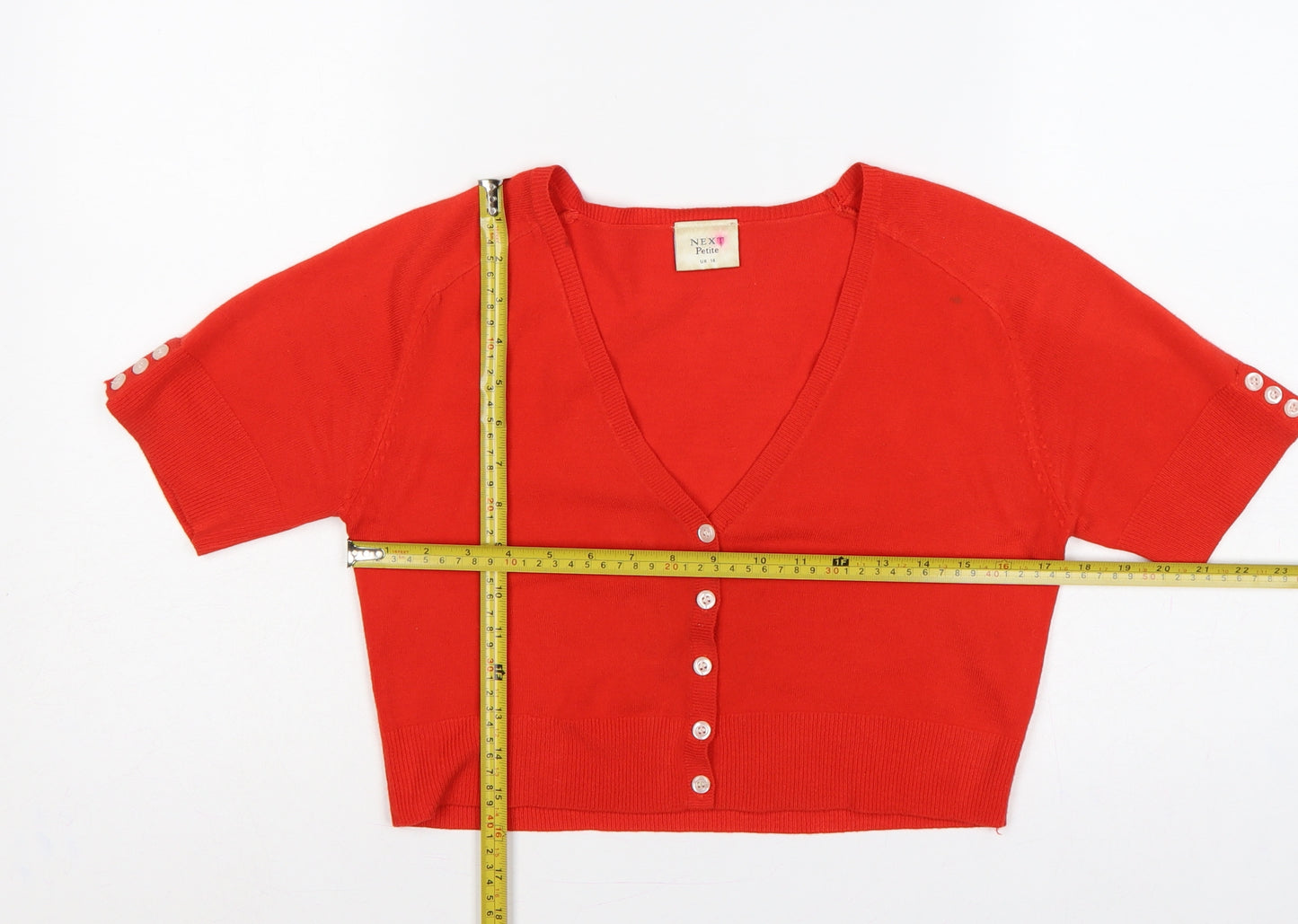 Next Women Red UK 14 Petite V-Neck Short Sleeve Button Cardigan