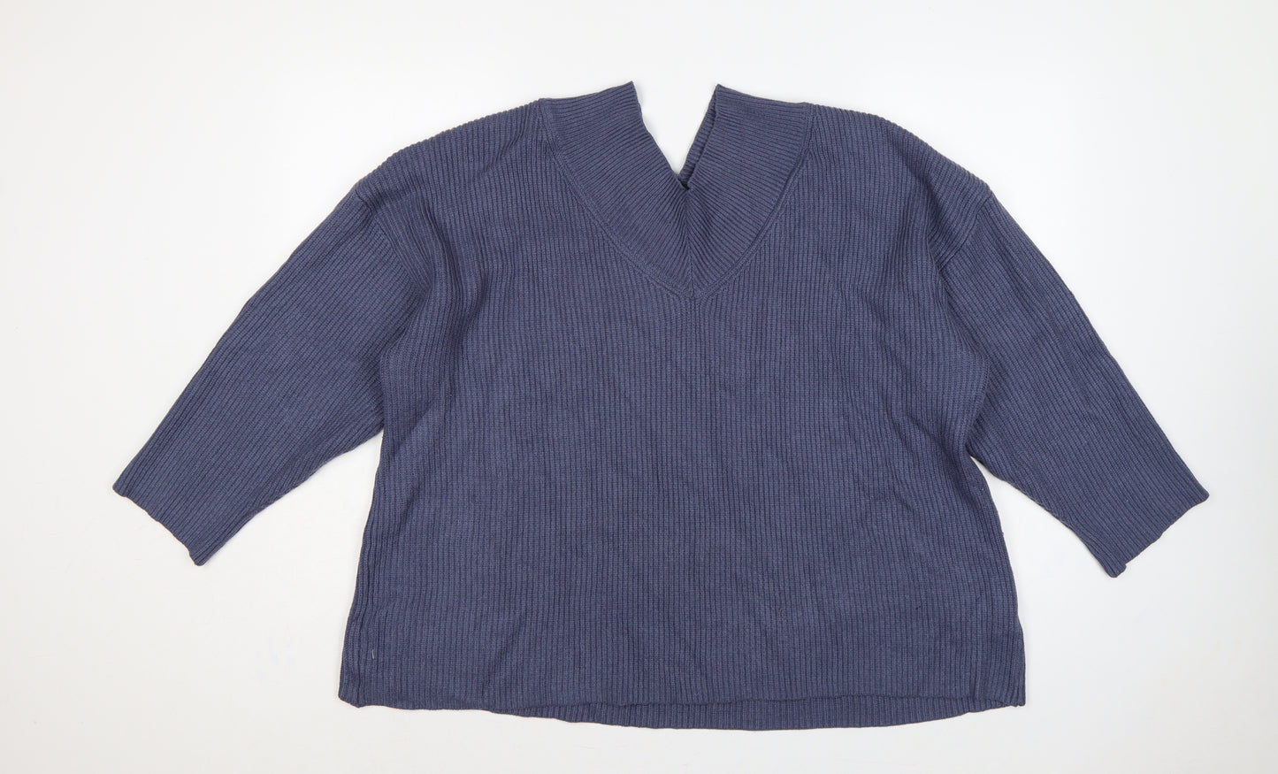Next Women Blue XL Rib Knit V-Neck 3/4 Sleeve Pullover Jumper