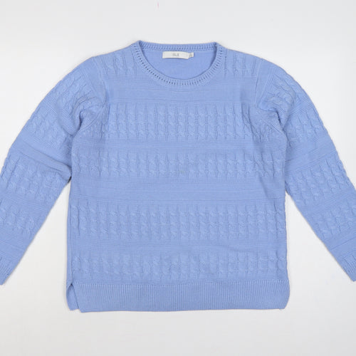 Isle Women Blue S 10-12 Cable Knit Crew Neck Acrylic Pullover