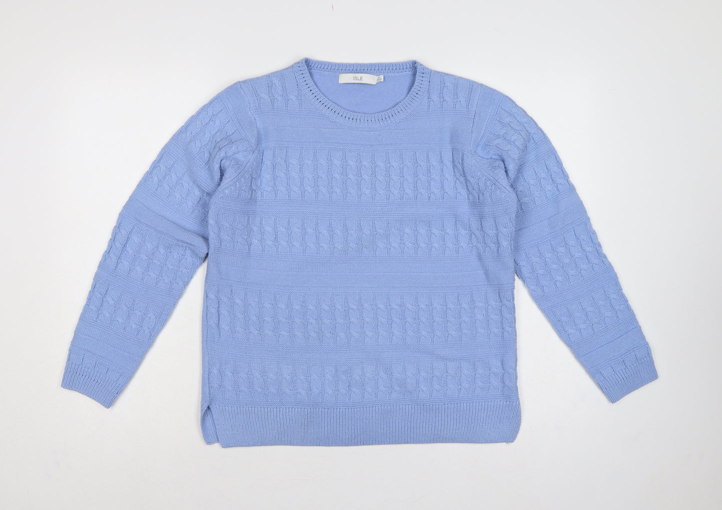 Isle Women Blue S 10-12 Cable Knit Crew Neck Acrylic Pullover