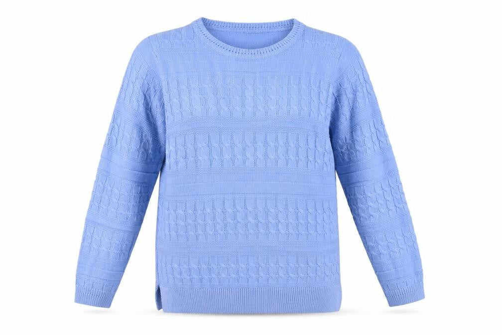 Front view of Isle Women Blue S 10-12 Cable Knit Crew Neck Acrylic Pullover