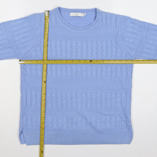 Isle Women Blue S 10-12 Cable Knit Crew Neck Acrylic Pullover