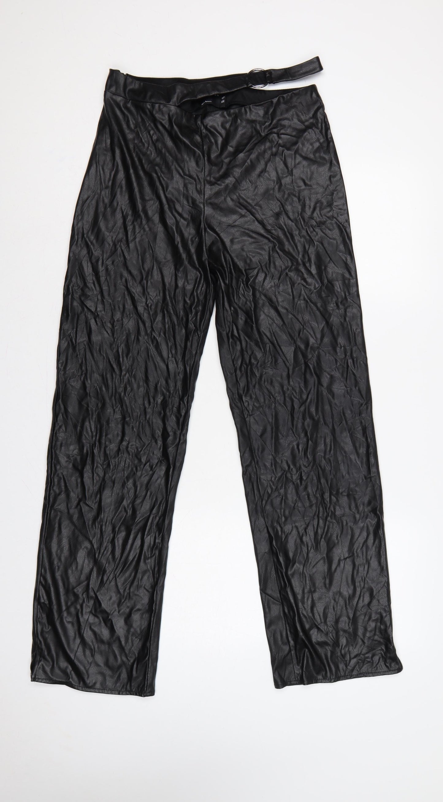 ASOS Design Women Black UK 12 Faux Leather Wide-Leg Belted Trousers
