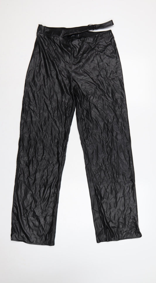 ASOS Design Women Black UK 12 Faux Leather Wide-Leg Belted Trousers