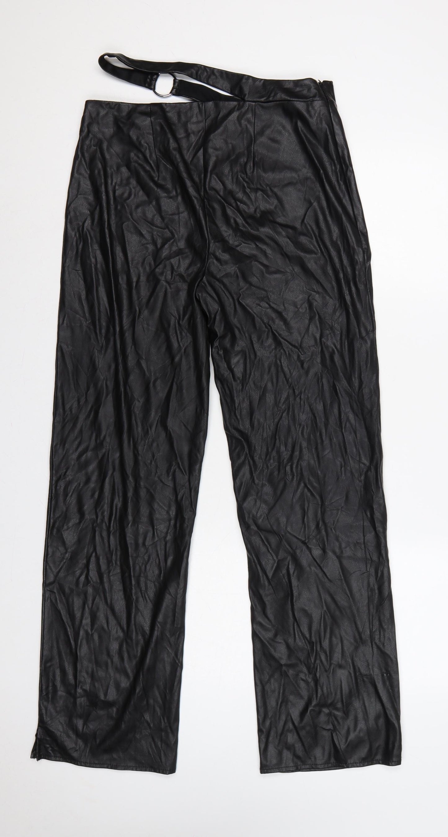 ASOS Design Women Black UK 12 Faux Leather Wide-Leg Belted Trousers