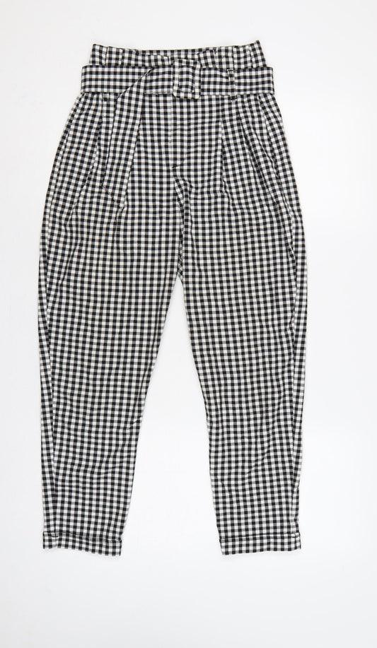 Bershka Women Black White Check Paperbag Tapered Trousers UK 8