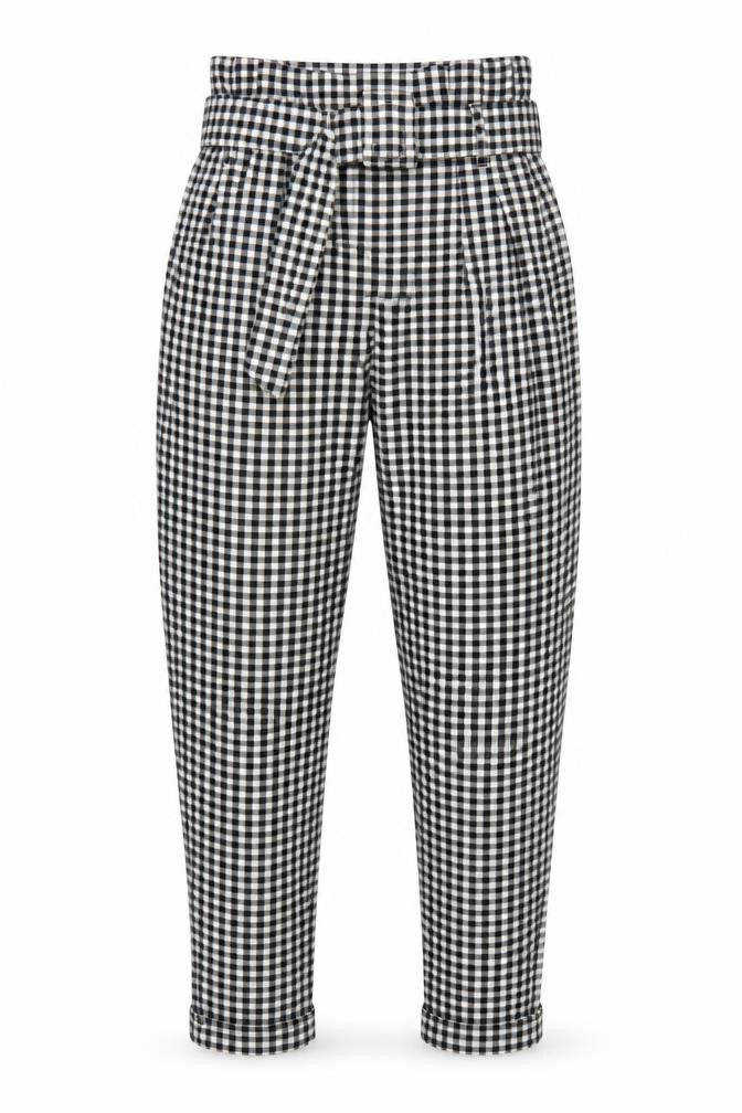Bershka Women Black White Check Paperbag Tapered Trousers UK 8