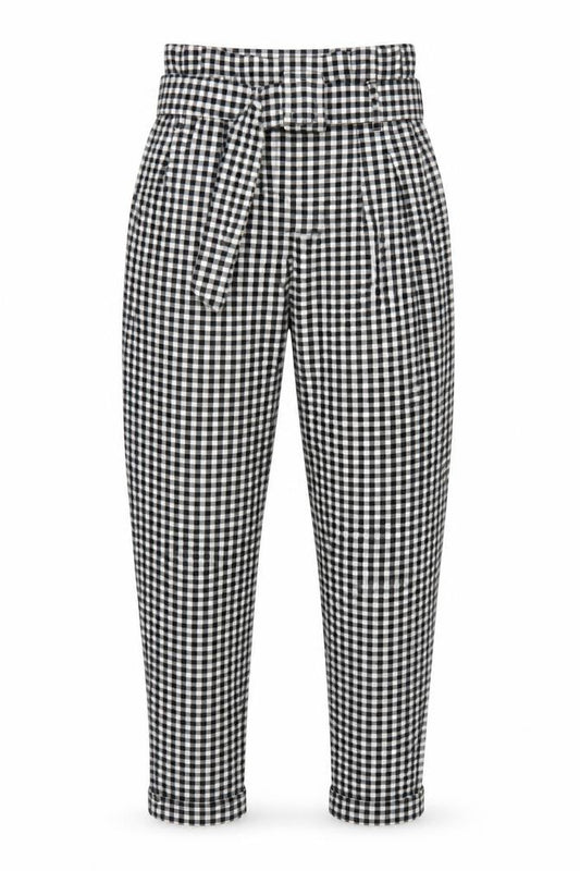 Bershka Women Black White Check Paperbag Tapered Trousers UK 8