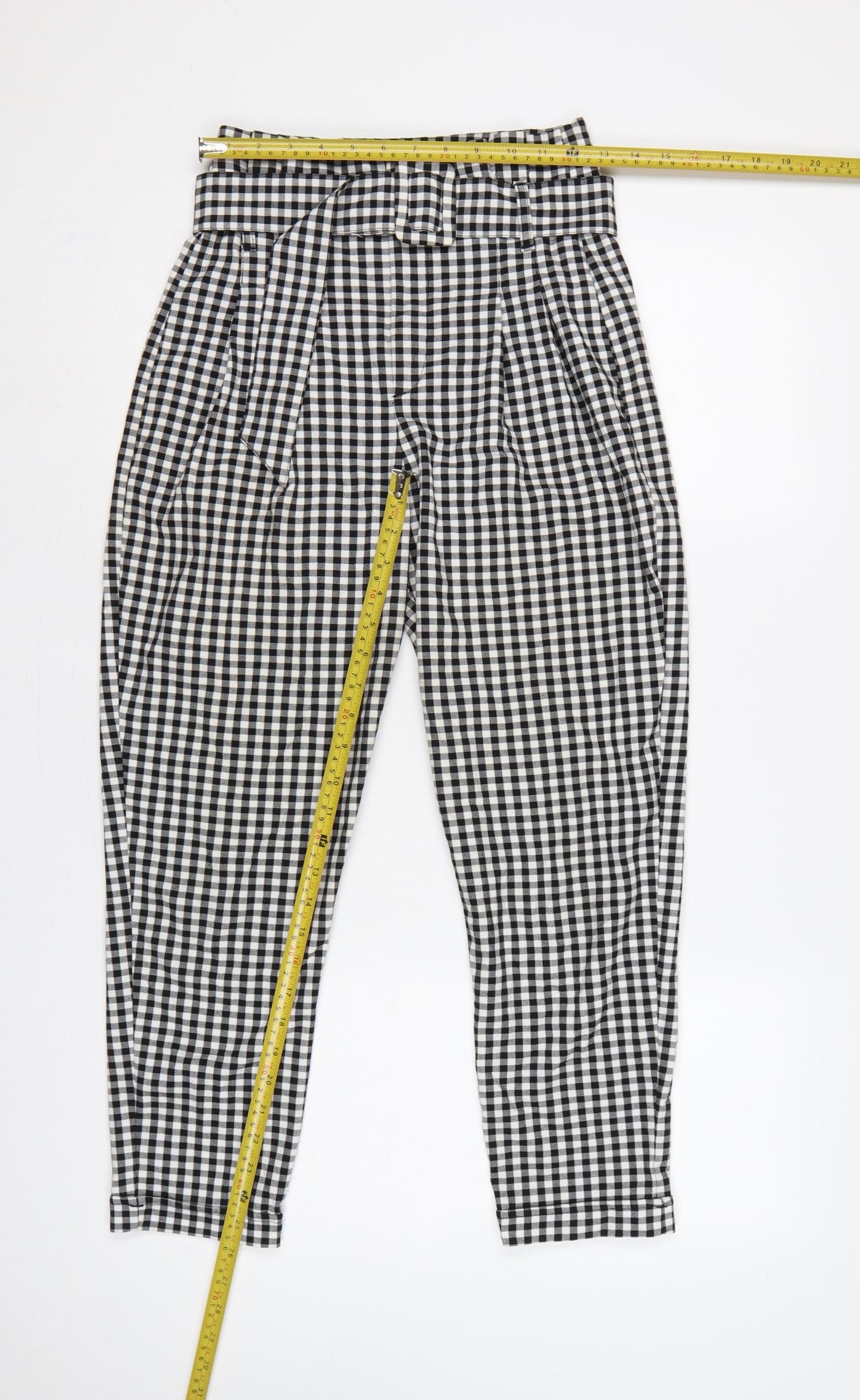 Bershka Women Black White Check Paperbag Tapered Trousers UK 8