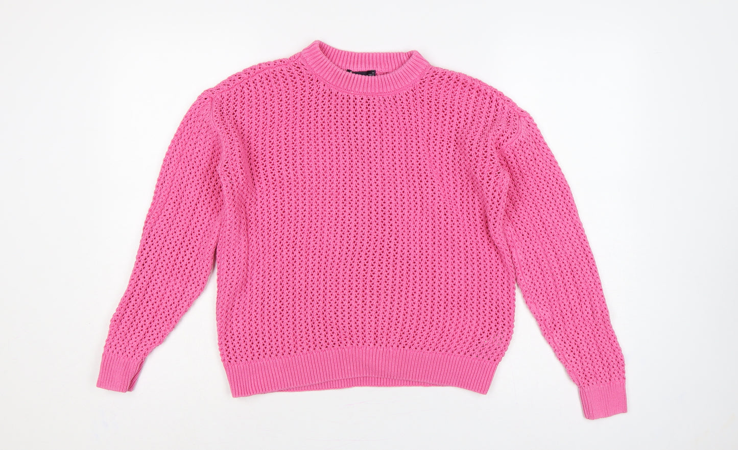 Marks & Spencer Women Pink M Open Knit Cotton Crew Neck Jumper