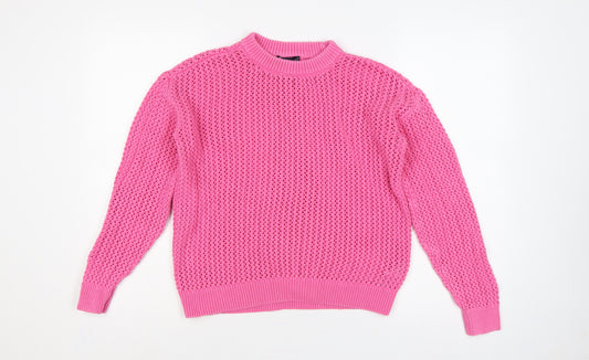 Marks & Spencer Women Pink M Open Knit Cotton Crew Neck Jumper
