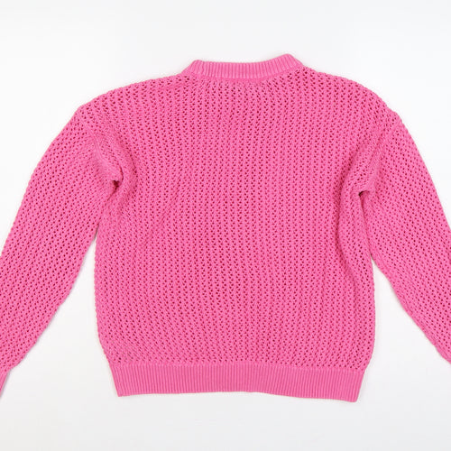 Marks & Spencer Women Pink M Open Knit Cotton Crew Neck Jumper